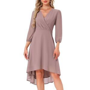 Women's Formal Chiffon Dress Asymmetrical Wedding Guest Midi Dresses Grey Pink